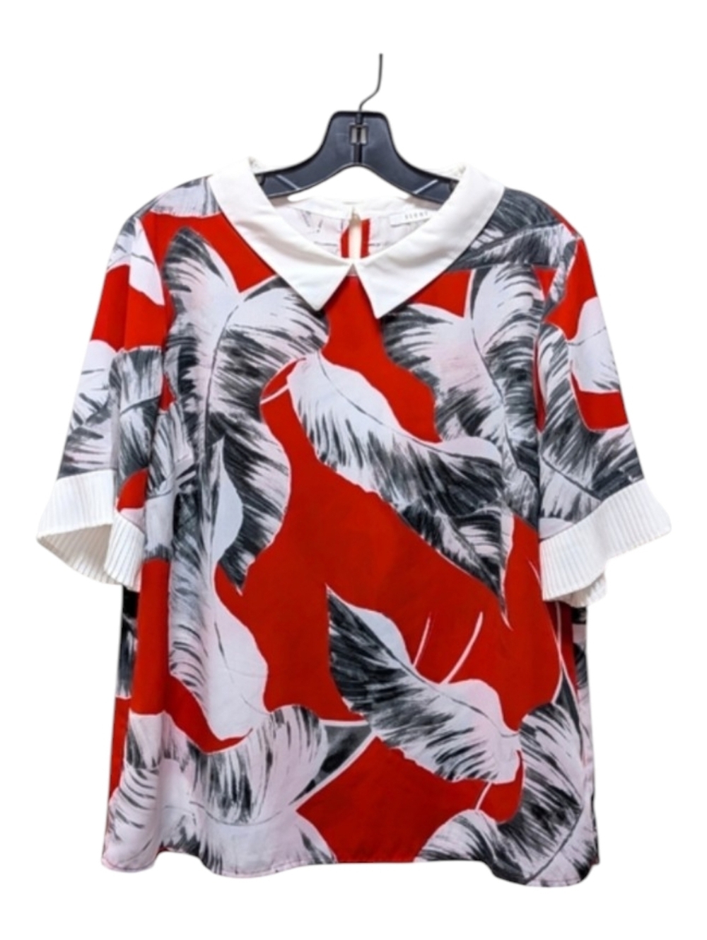 Sioni Red & White Leaf Pleated Sleeve Blouse Top NEW Women's L